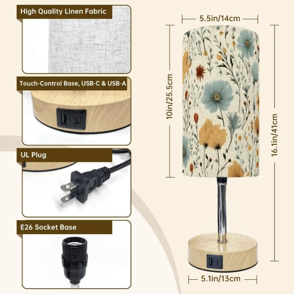 🌸 Floral Touch Table Lamp with USB & Type-C Charging - Picture 3 of 8
